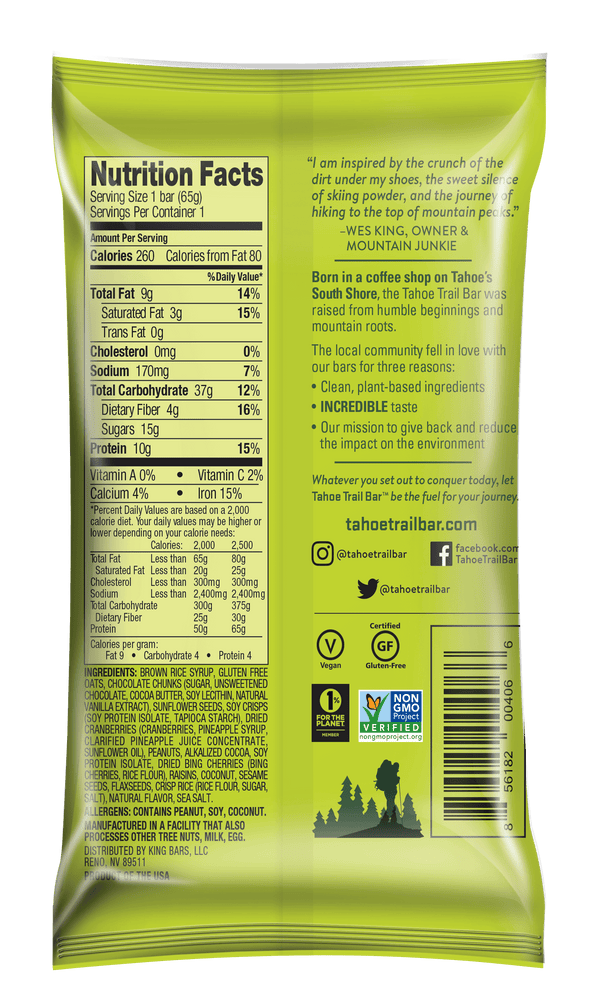 Dark Chocolate Cherry Vegan Energy Bar Nutrition Information